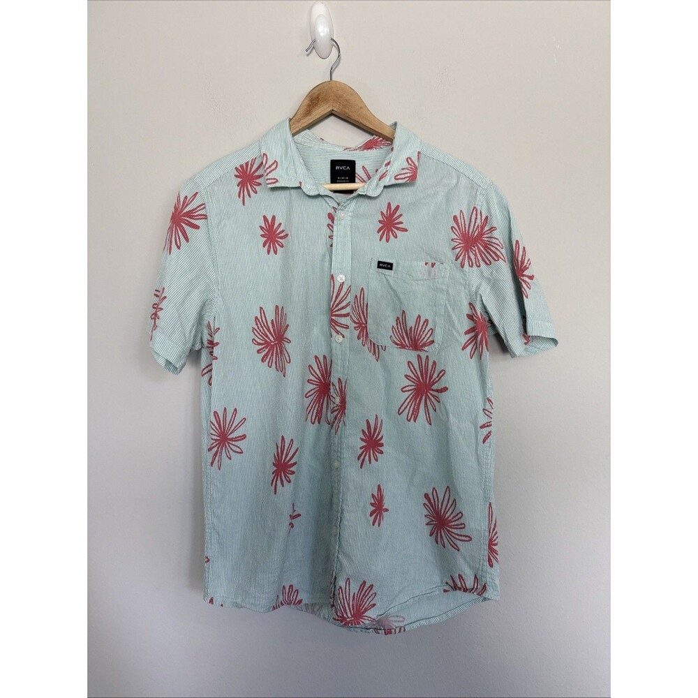 RCVA Regular Fit Mint Coral  Whirls Short Sleeve Button Up Shirt Medium